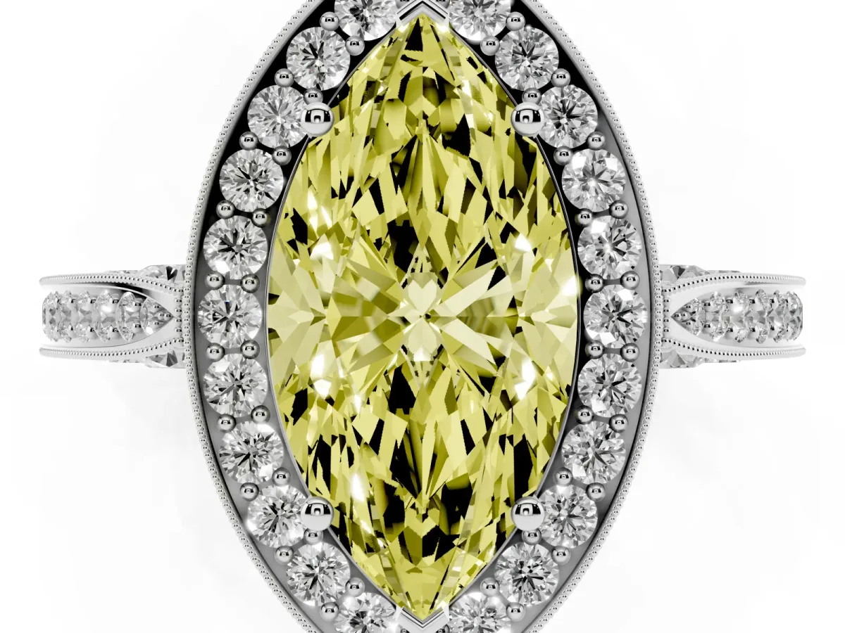 Fancy Yellow Marquise Cut Halo Diamond Engagement Ring with Split Shank Band and Four-Prong Setting Platinum
