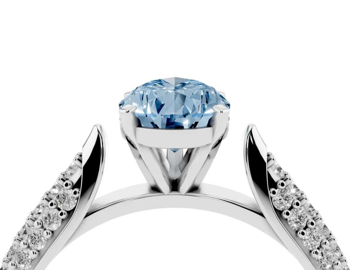 Fancy Blue Pear Cut Diamond Solitaire Engagement Ring with Multi-Row Round Pavé Band and Prong Setting White gold