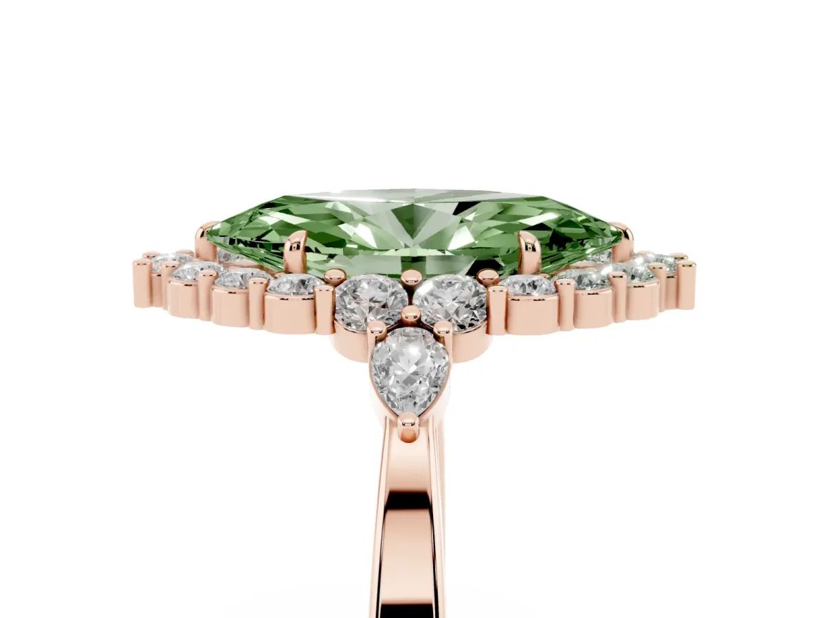 Fancy Green Marquise Cut Diamond Halo Ring with Pear Side Stones and Prong Setting Rose gold