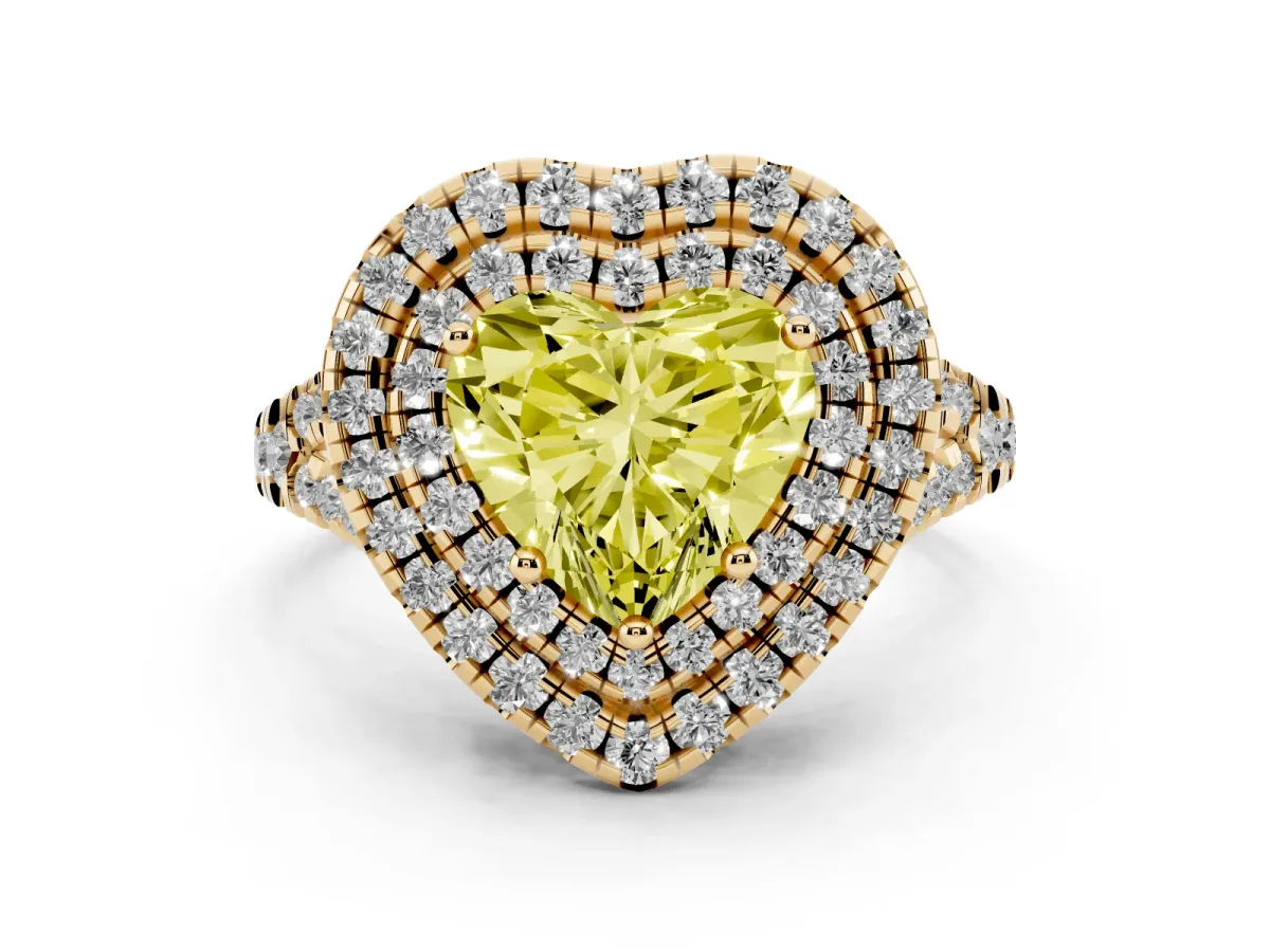 Fancy Yellow Double Halo Heart Cut Diamond Pavé Split Shank Ring with Prong Setting Yellow gold
