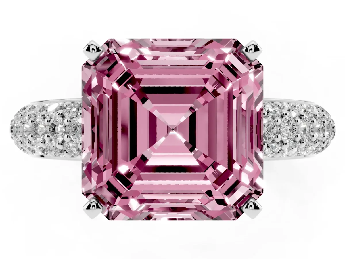 Fancy Pink Asscher Cut Diamond Solitaire Ring with Prong Setting and Pavé Band Silver