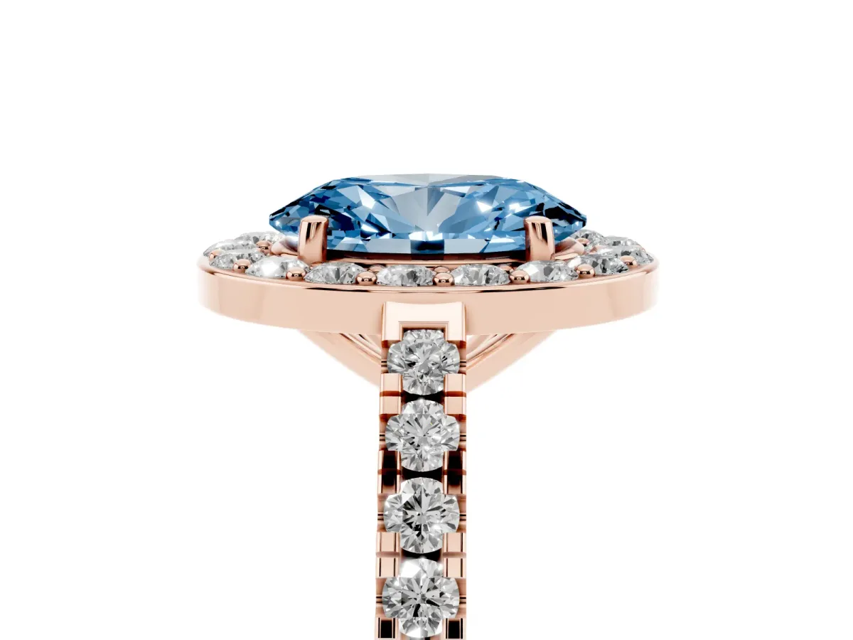 Fancy Blue Oval Cut Diamond Halo Ring with Round Pavé Split Shank and Prong Setting Rose gold