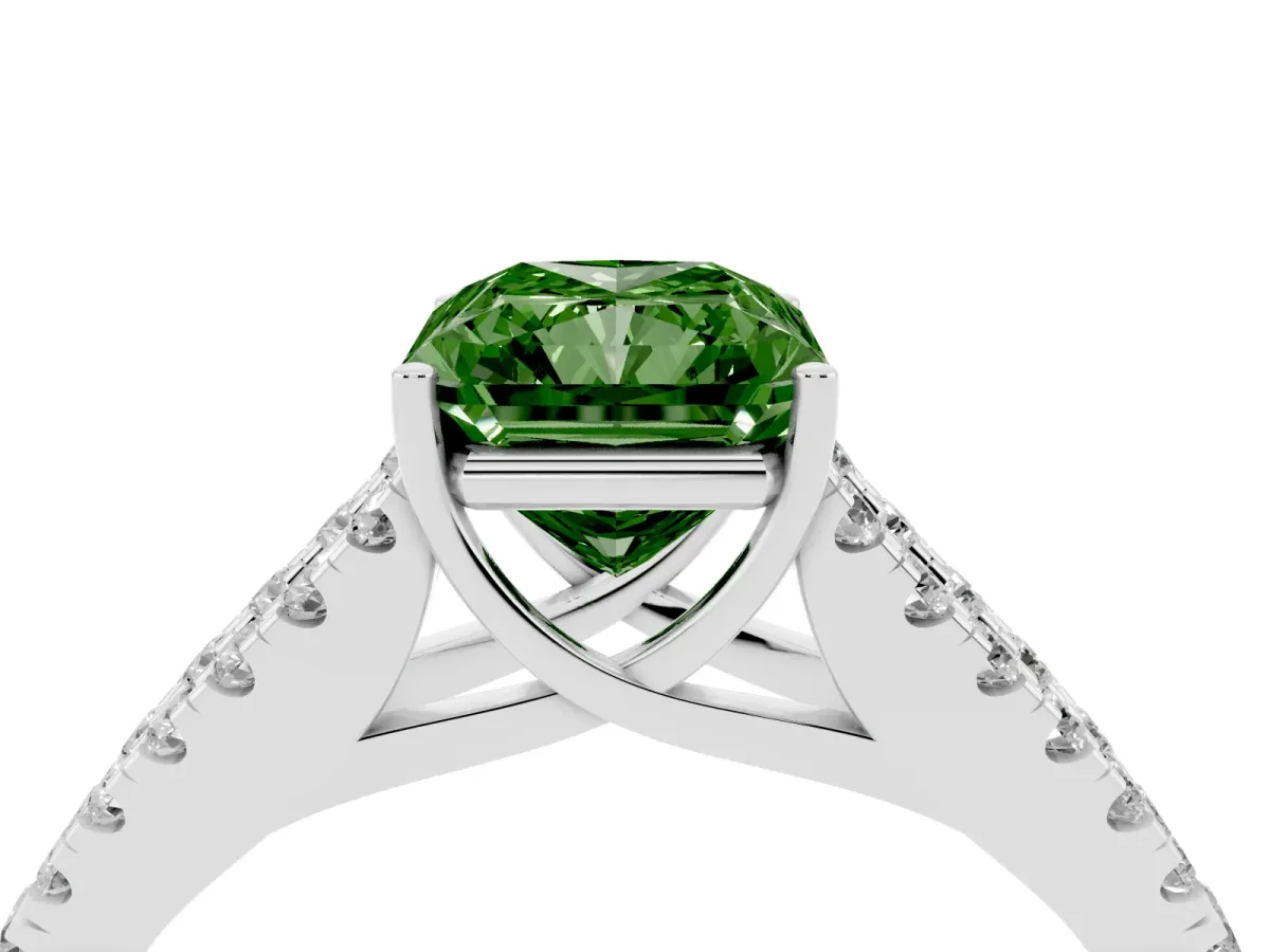 Fancy Green Radiant Cut Diamond Split Shank Pavé Engagement Ring with Four-Prong Setting Platinum