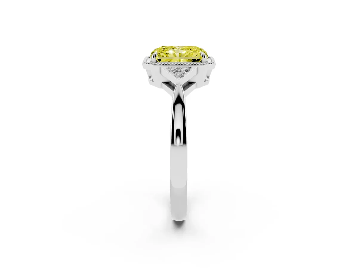 Fancy Yellow Radiant Cut Diamond Halo Ring with Tapered Band and Four-Prong Setting White gold