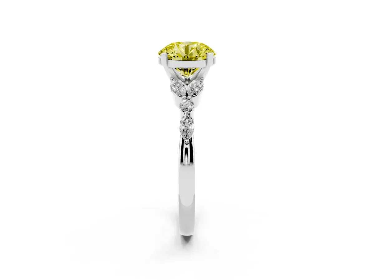 Fancy Yellow Round Cut Diamond Solitaire Ring with Side Stones and Four-Prong Setting Platinum