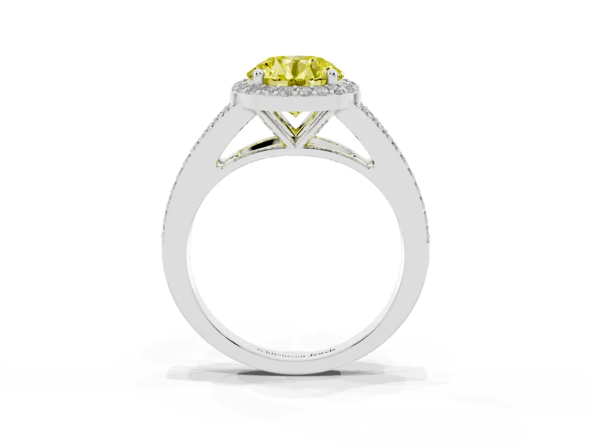 Fancy Yellow Round Cut Halo Split Shank Pave Diamond Ring with Four-Prong Setting Silver