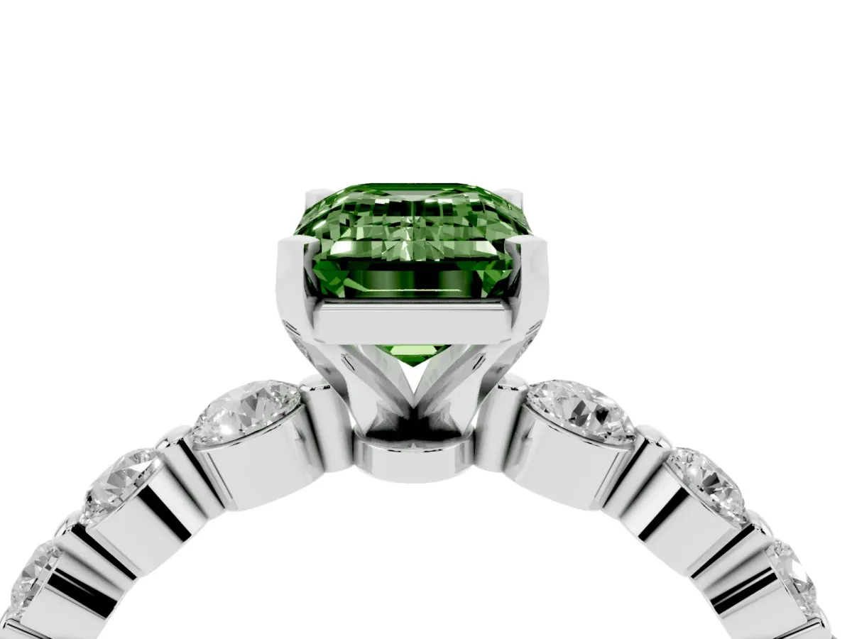 Fancy Green Emerald Cut Solitaire Diamond Ring with Pave Band and Four-Prong Setting Silver