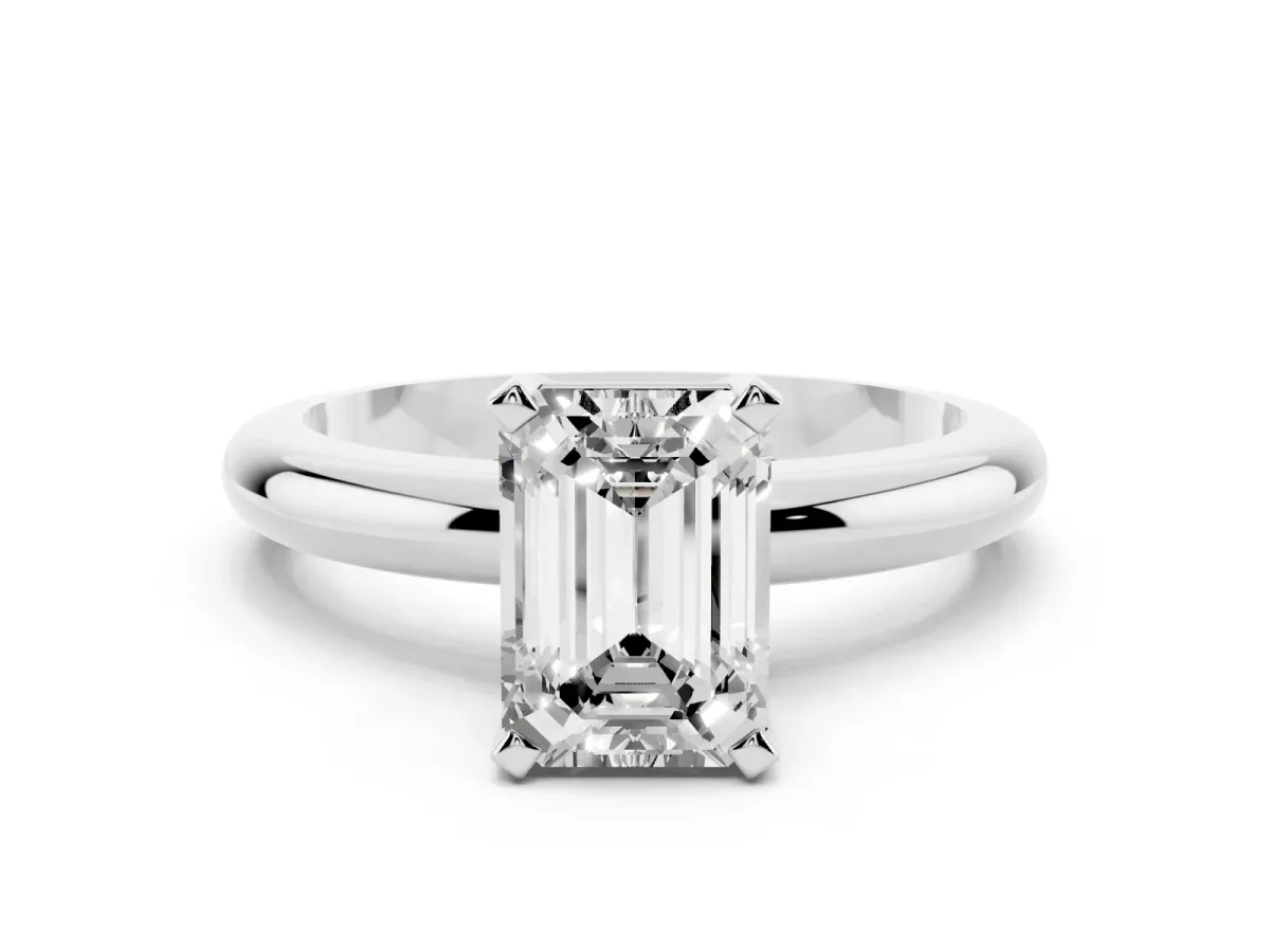 Emerald Cut Diamond Solitaire Engagement Ring with Round Band and Four-Prong Setting Silver