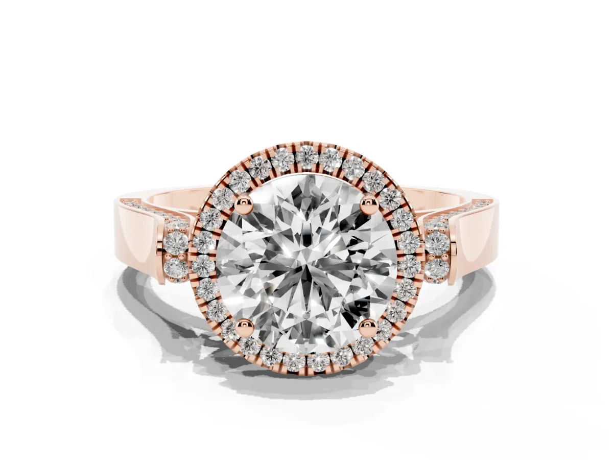Round Cut Halo Pave Split Shank Prong Setting Ring Rose gold