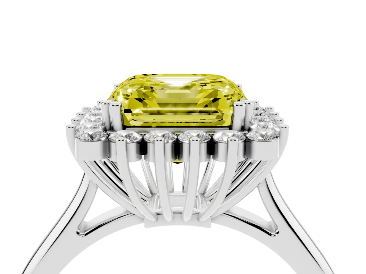 Fancy Yellow Asscher Cut Cut Diamond Halo Ring with Solitaire Band and Prong Setting White gold