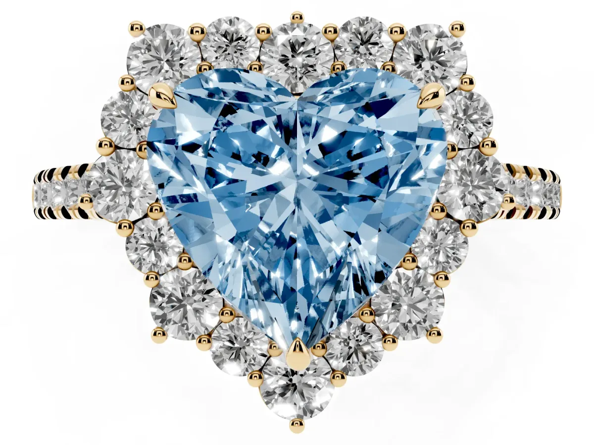 Fancy Blue Heart Cut Halo Diamond Ring with Pavé Band and Prong Setting Yellow gold