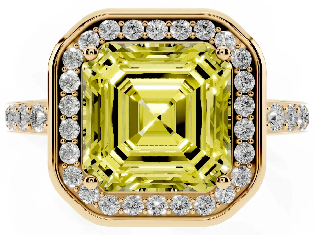 Fancy Yellow Asscher Cut Diamond Halo Ring with Bezel Frame and Pavé Band Yellow gold