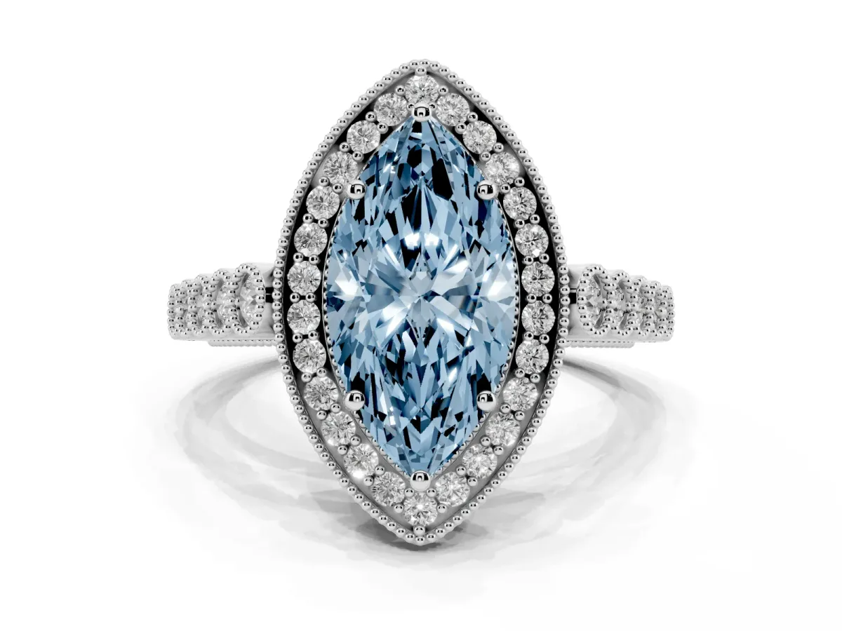 Fancy Blue Marquise Cut Halo Milgrain Solitaire with Bezel Set Side Stones and Pave Band Silver