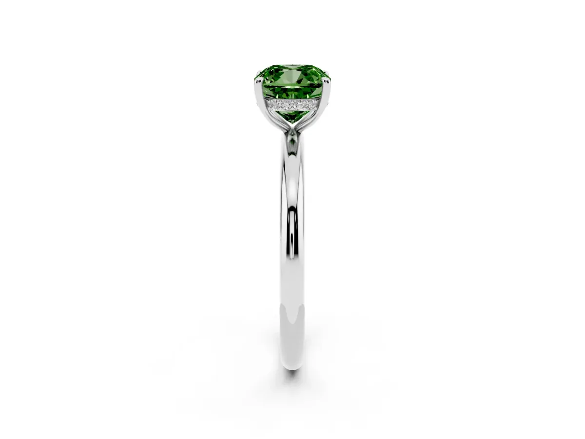 Fancy Green Cushion Cut Diamond Solitaire Ring with Thin Band and Four-Prong Setting Silver