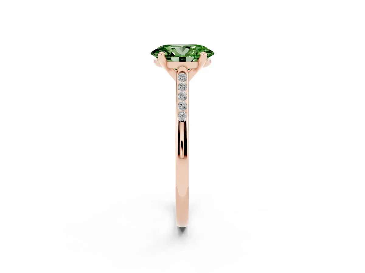 Fancy Green Oval Cut Diamond Solitaire Ring with Channel Set Round Band and Prong Setting Rose gold