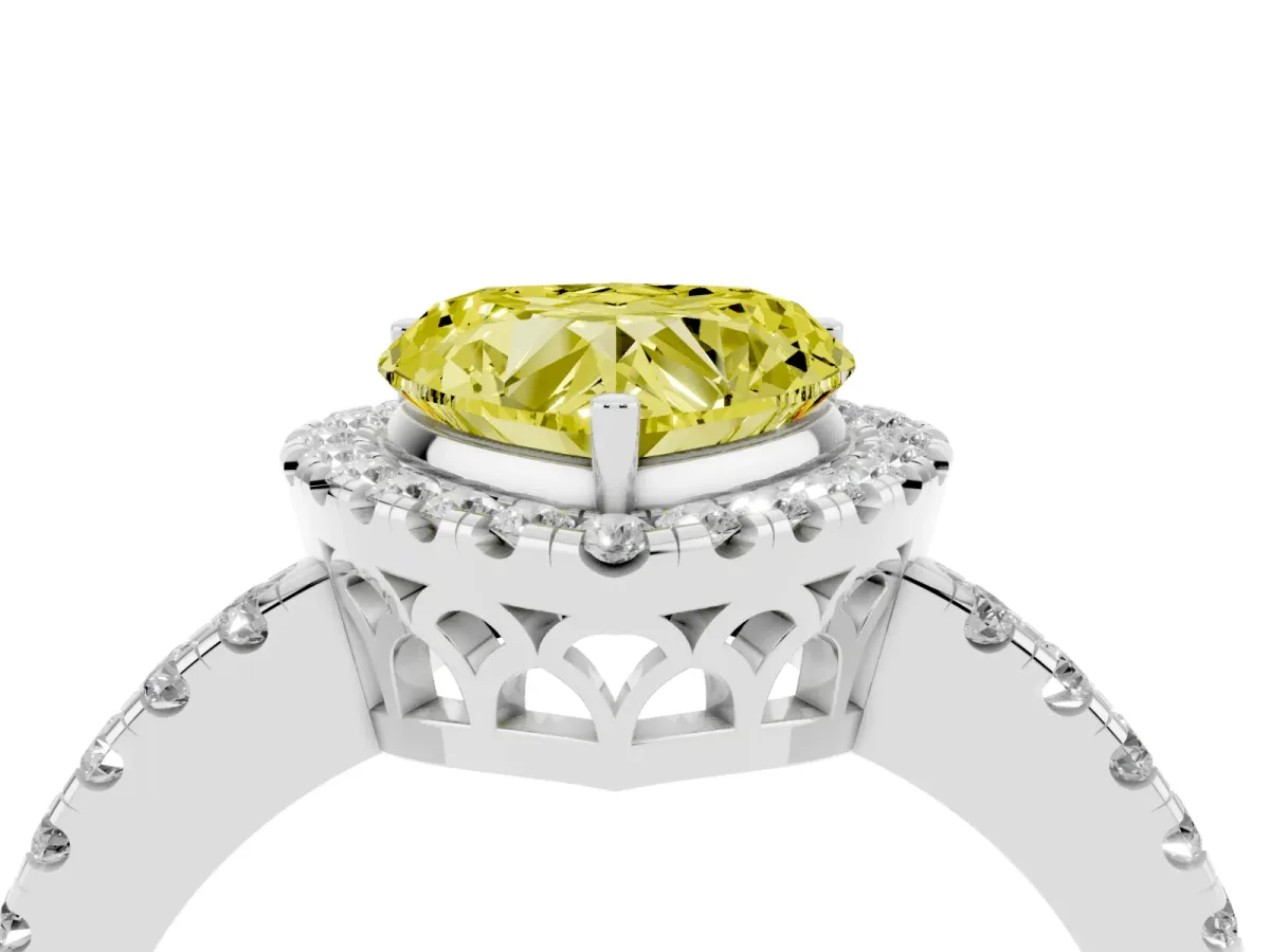 Fancy Yellow Heart Cut Halo Diamond Engagement Ring with Pavé Band and Four-Prong Setting White gold