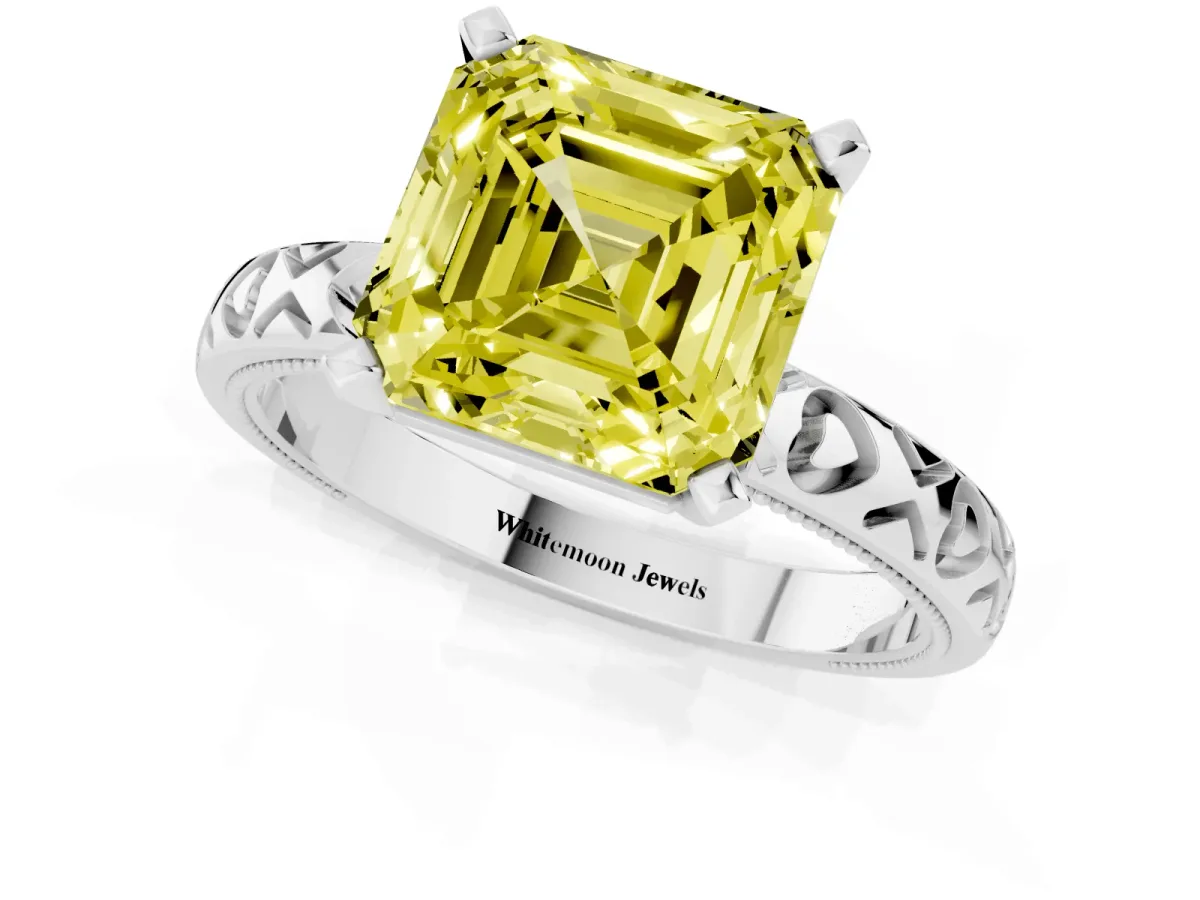 Fancy Yellow Asscher Cut Solitaire Diamond Engagement Ring with XO Engraved Band and Four-Prong Setting Platinum