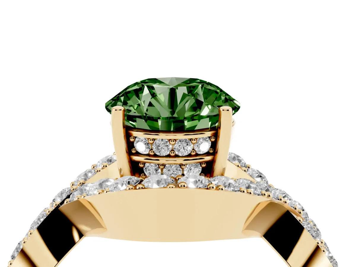 Fancy Green Round Cut Solitaire Twist Band Pavé Diamond Engagement Ring Yellow gold