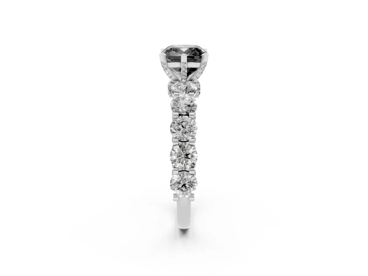 Fancy Black Cushion Cut Diamond Side Stone Engagement Ring with Four-Prong Setting Silver