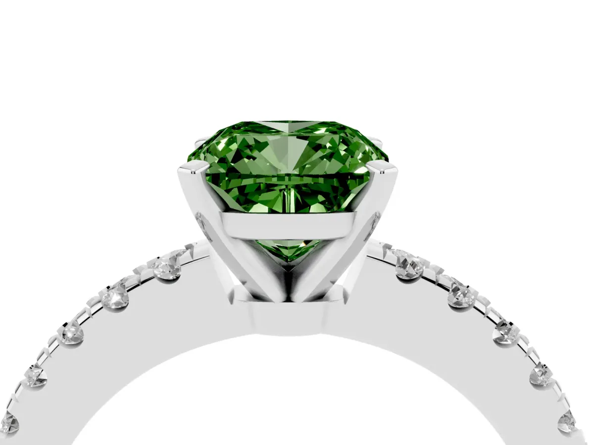 Fancy Green Cushion Cut Solitaire Diamond with Pavé Band and Four-Prong Setting Silver