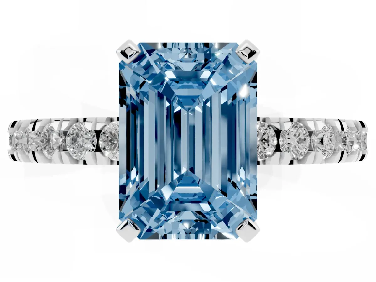 Fancy Blue Emerald Cut Diamond Pavé Band Solitaire with Four-Prong Setting Silver