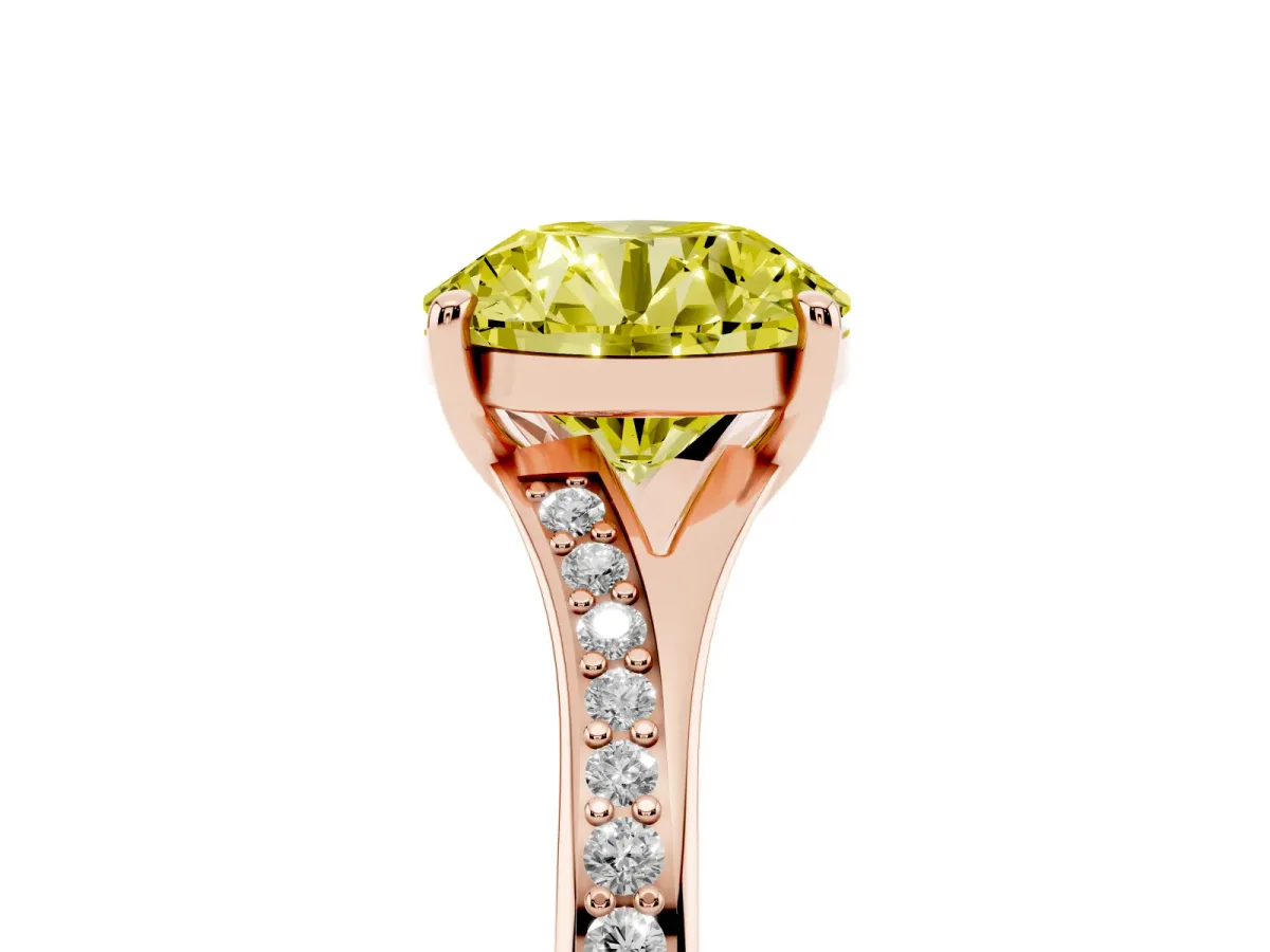 Fancy Yellow Round Cut Diamond Solitaire Ring with Pavé Band and Prong Setting Rose gold