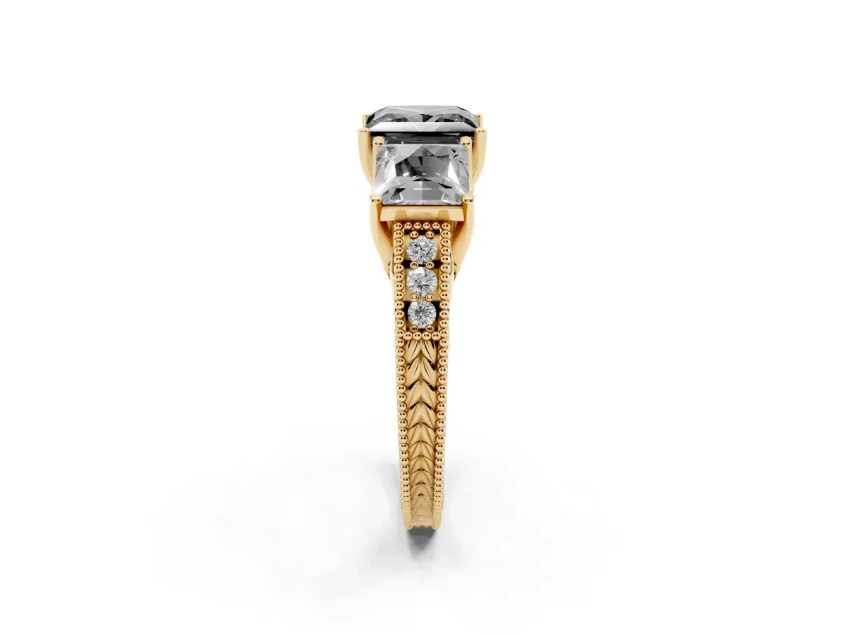 Fancy Black Three-Stone Princess Cut Cut Milgrain Pavé Engagement Ring Yellow gold