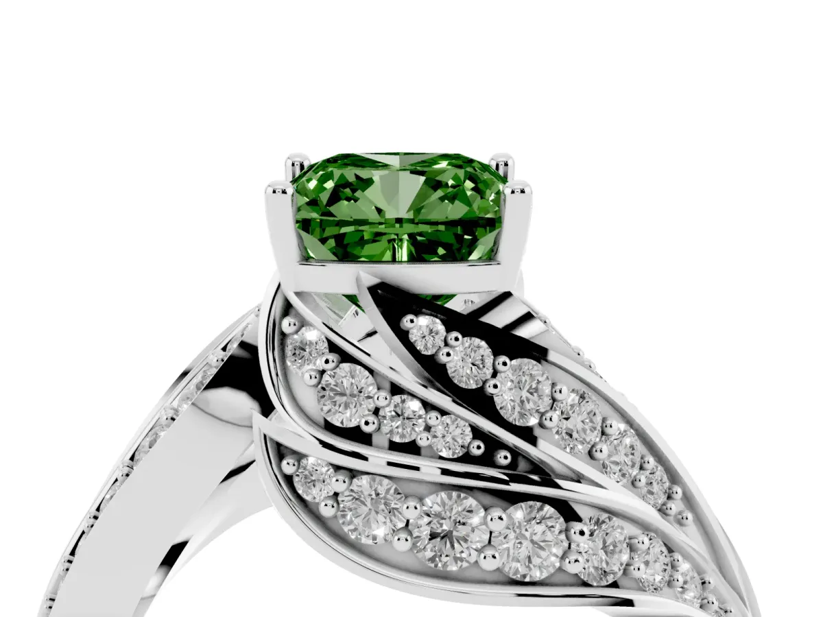 Fancy Green Cushion Cut Diamond Solitaire Ring with Prong Setting and Twisted Pavé Band Silver