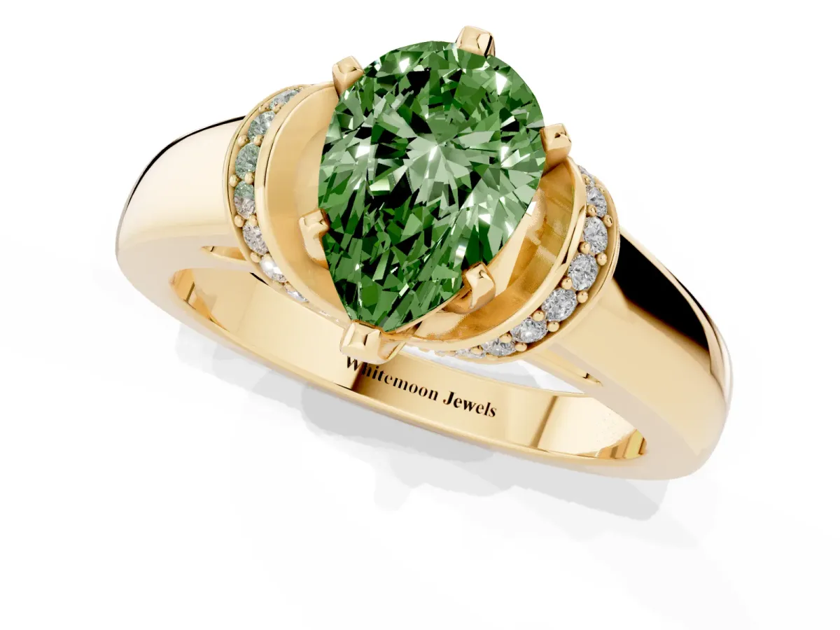 Fancy Green Pear Cut Solitaire Diamond Ring with Pave Band and Six-Prong Setting Yellow gold