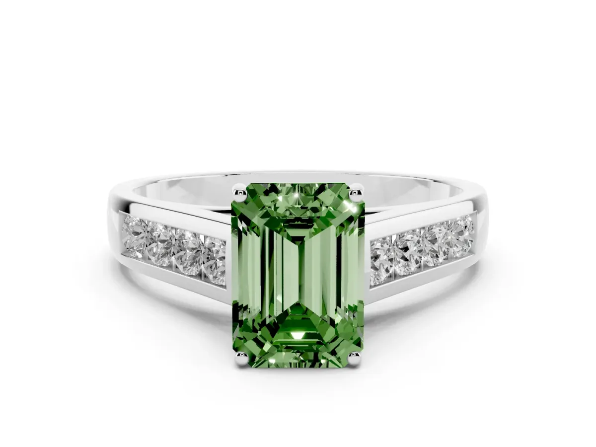 Fancy Green Emerald Cut Solitaire Channel-Set Diamond Engagement Ring with Four-Prong Setting Silver