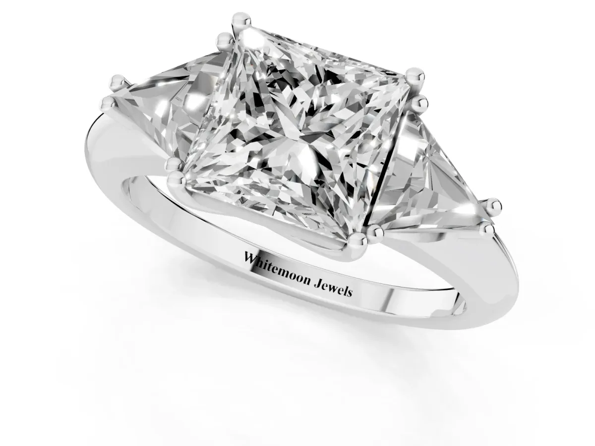 Three-Stone Princess Cut Diamond Engagement Ring with Trillion Side Stones and Prong Setting Silver