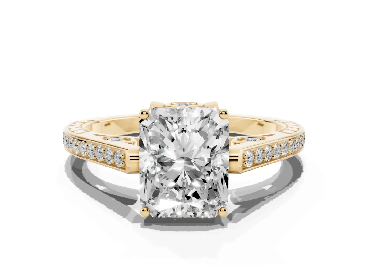 Radiant Cut Cut Cathedral Pave Diamond Engagement Ring with Six-Prong Setting Yellow gold