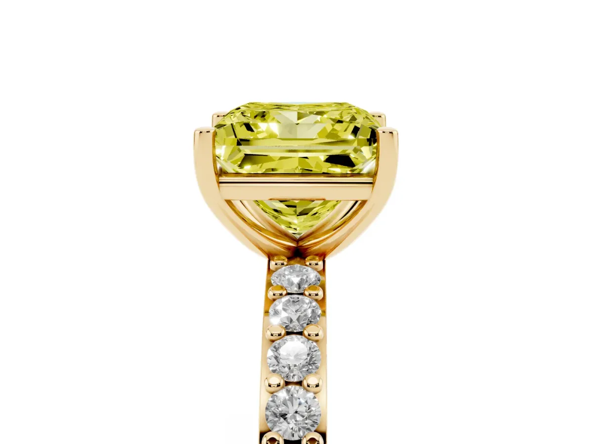 Fancy Yellow Princess Cut Cut Diamond Solitaire with Pave Band and Four-Prong Setting Yellow gold