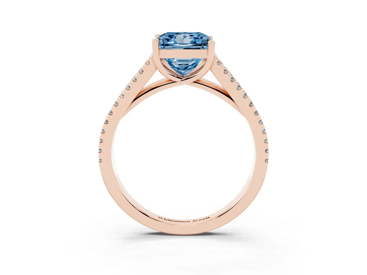 Fancy Blue Princess Cut Diamond Solitaire Engagement Ring with Split Shank Pavé Band Rose gold