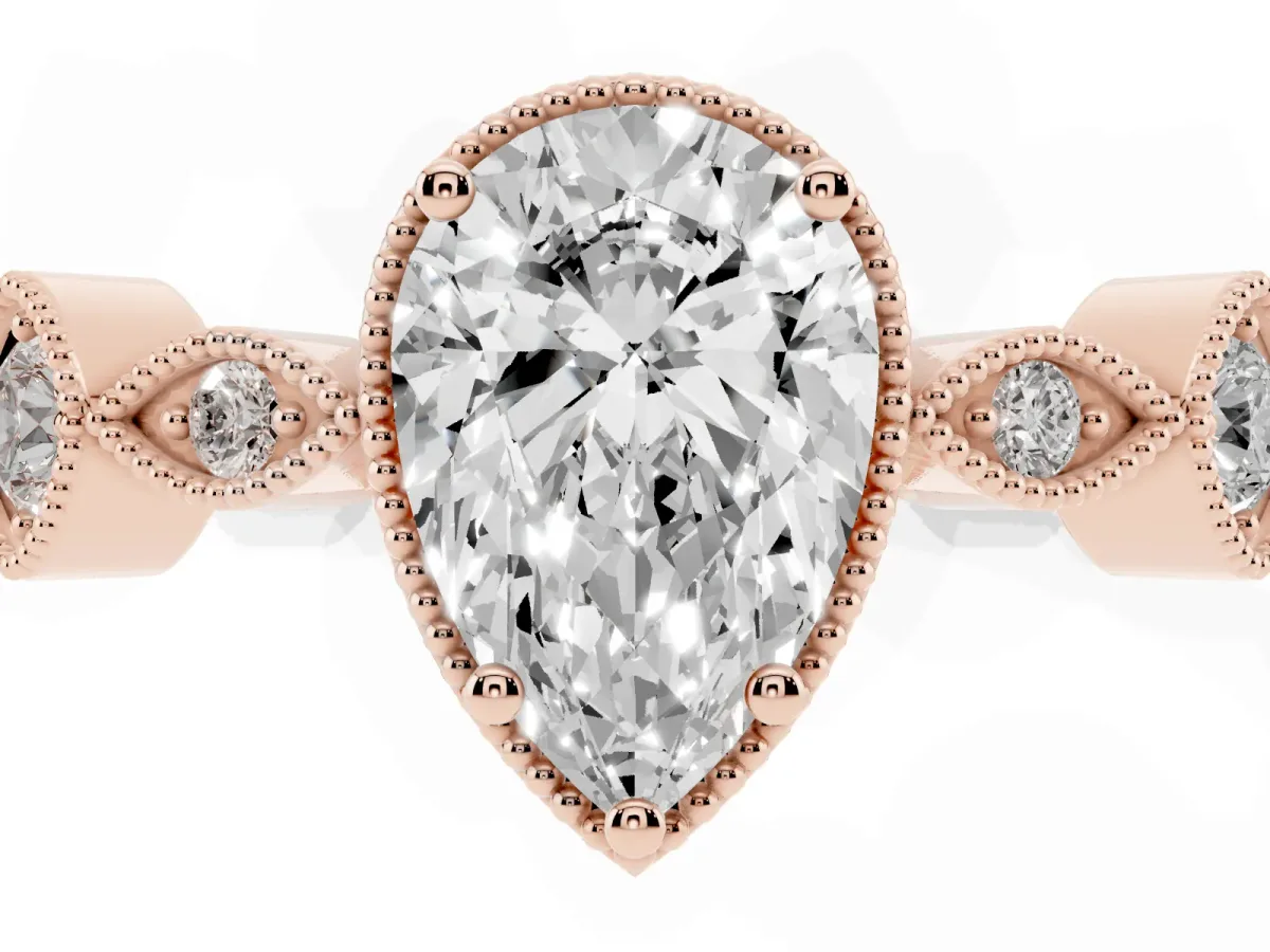 Pear Cut Diamond Vintage Milgrain Ring with Round Stations Rose gold