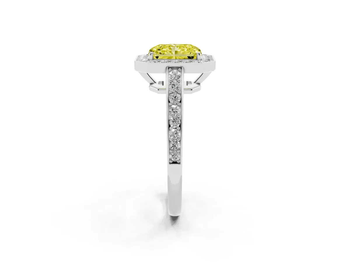 Fancy Yellow Radiant Cut Halo Pavé Diamond Engagement Ring with Bezel Setting Silver