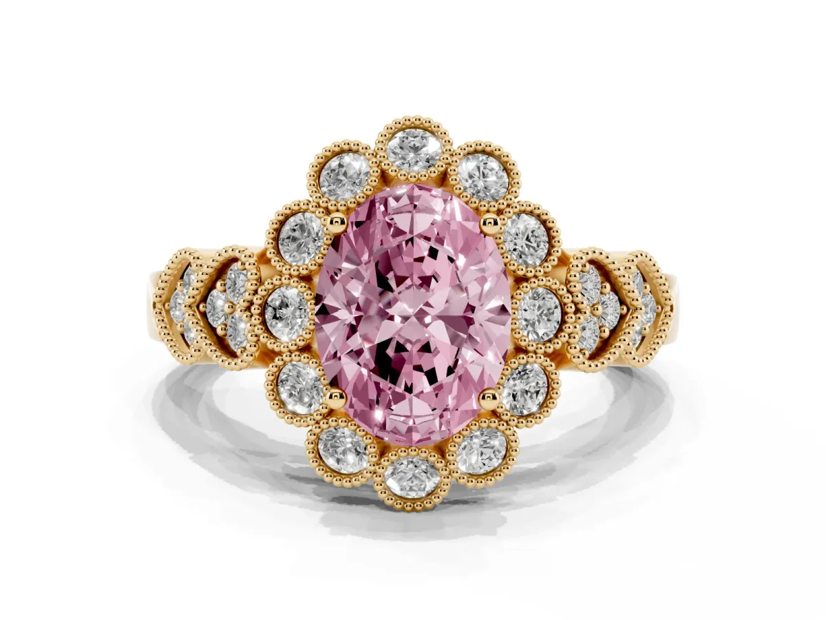 Fancy Pink Oval Cut Brilliant Milgrain Pave Heart Band Solitaire Ring Yellow gold