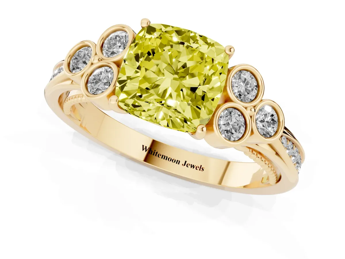Fancy Yellow Cushion Cut Cut Diamond Engagement Ring with Bezel Set Round Side Stones and Prong Setting Yellow gold