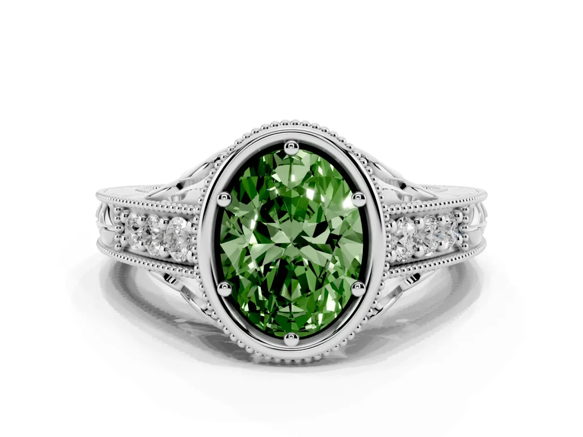 Fancy Green Bezel Set Oval Cut Diamond Milgrain Pave Engagement Ring Silver