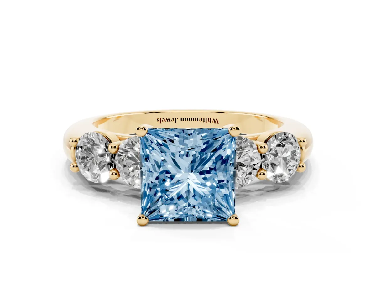 Fancy Blue Princess Cut Cut Five-Stone Prong Set Diamond Ring with Classic Band Yellow gold