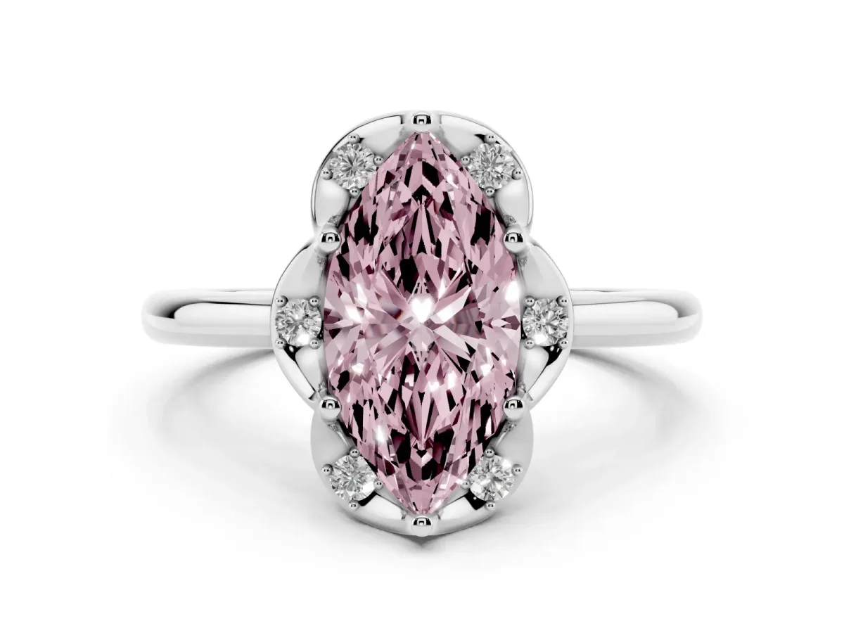 Fancy Pink Marquise Cut Halo Diamond Ring with Round Cluster Setting, Solitaire Band, and Four-Prong Setting Platinum