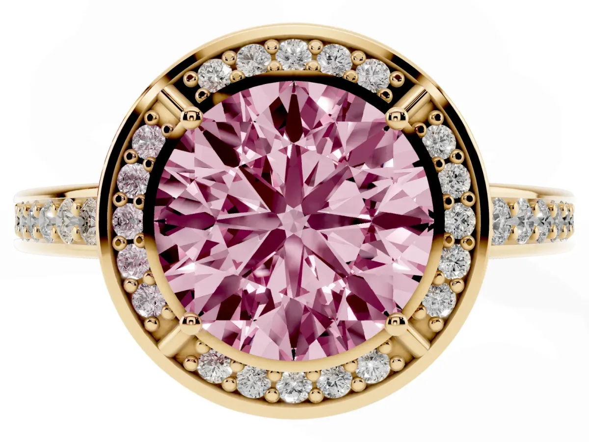 Fancy Pink Round Cut Cut Halo Pave Split Shank Prong Setting Ring Yellow gold