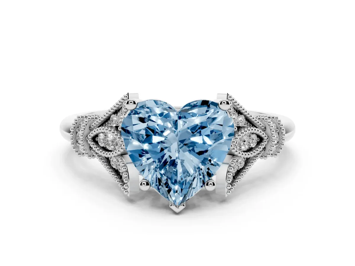 Fancy Blue Heart Cut Diamond Solitaire Ring with Floral Filigree and Pave Accents Silver