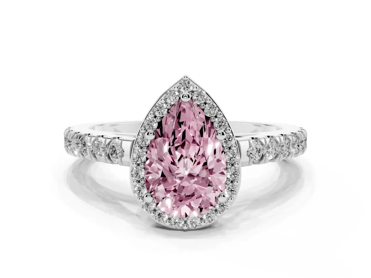 Fancy Pink Pear Cut Cut Halo Diamond Engagement Ring with Pave Band and Four-Prong Setting Platinum