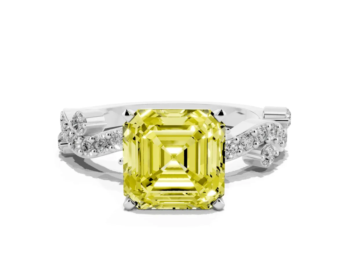 Fancy Yellow Asscher Cut Cut Solitaire Diamond Twisted Band with Pave Setting Silver