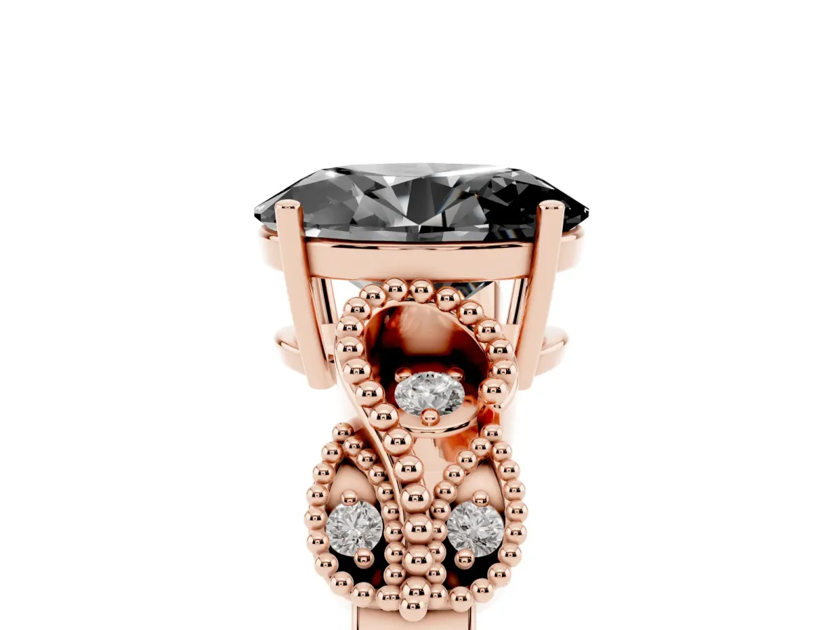 Fancy Black Oval Cut Solitaire Milgrain Leaf Band with Prong Setting Rose gold