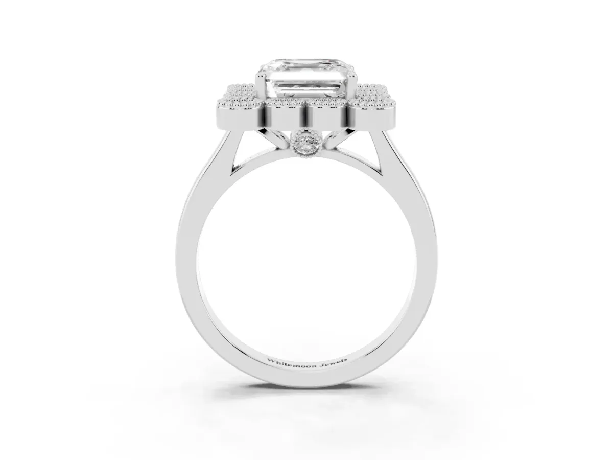 Asscher Cut Halo Diamond Cluster Engagement Ring with Milgrain Bezel Setting and Solitaire Band Platinum