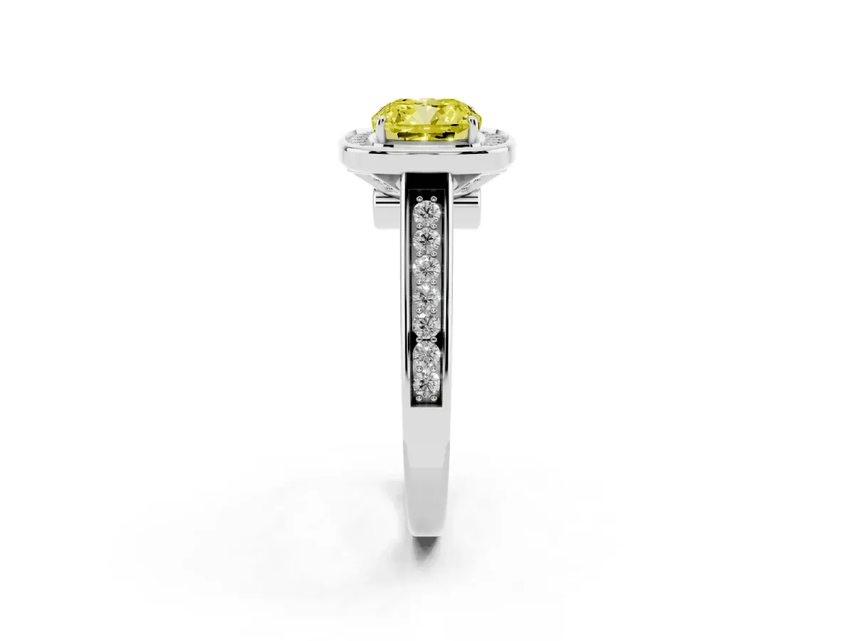 Fancy Yellow Cushion Cut Halo Solitaire Diamond Ring with Pave Band and Bezel Setting Platinum