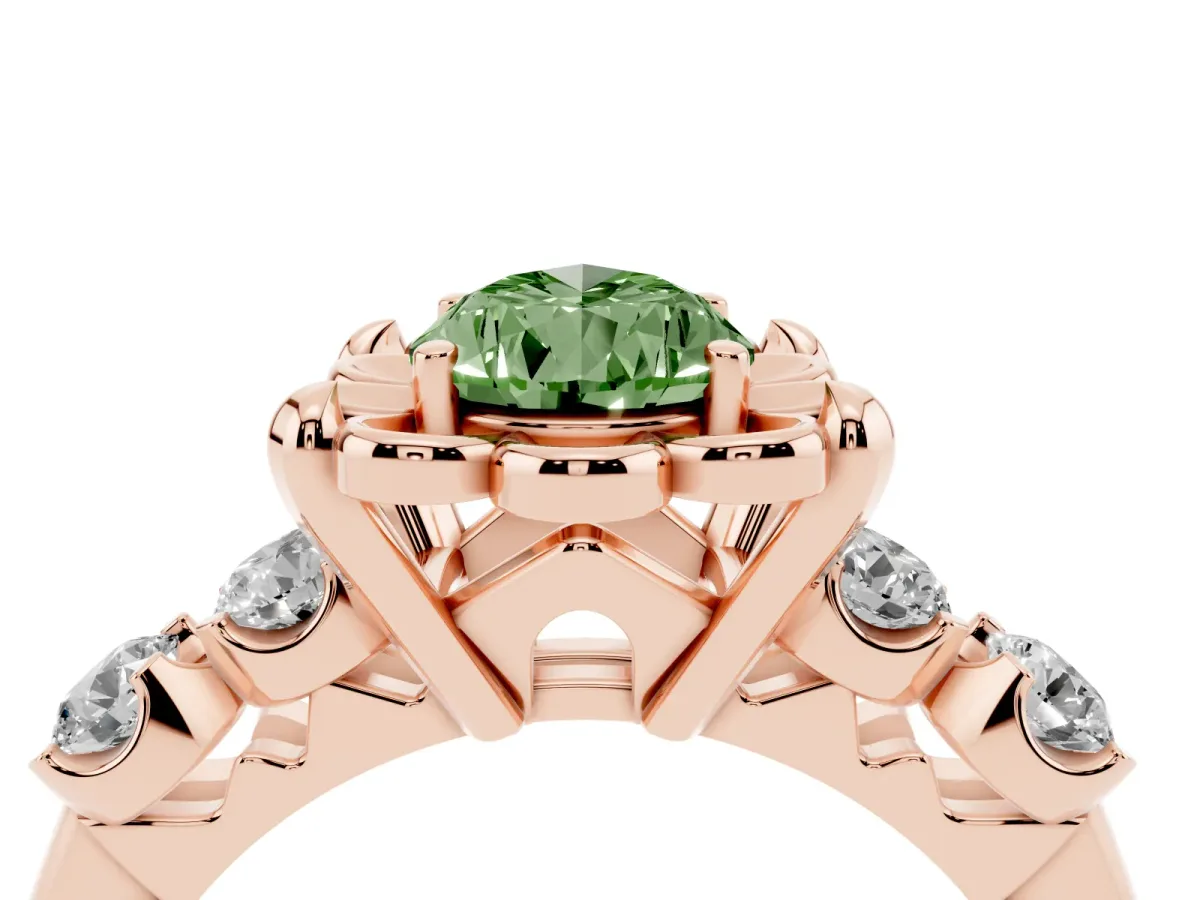 Fancy Green Pear Cut Cut Diamond Floral Halo Engagement Ring with Shared Prong Setting Rose gold