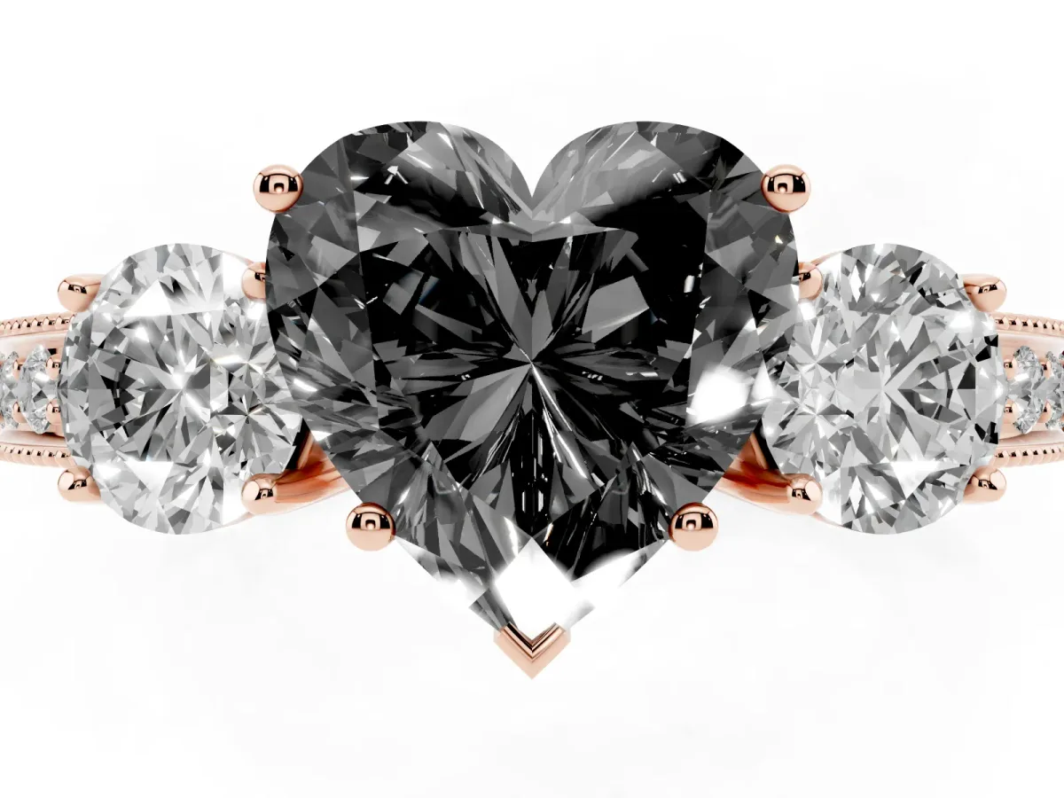 Fancy Black Heart Cut Three-Stone Diamond Ring with Pavé Band and Four-Prong Setting Rose gold
